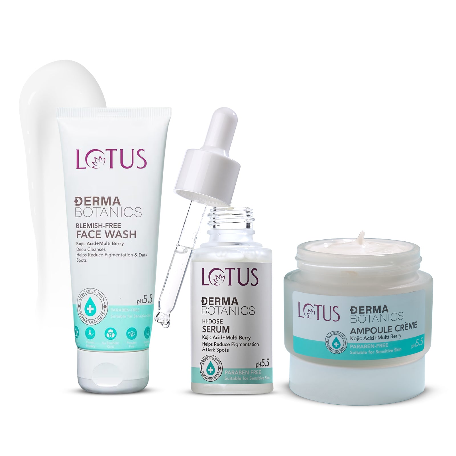 DermaBotanics Kojic Facewash + Multi Berry Hi-Dose Serum + Ampoule Cr?me